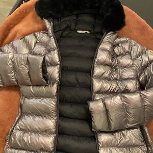 Moncler Metallic Silver Puffer Jacket with Black Details